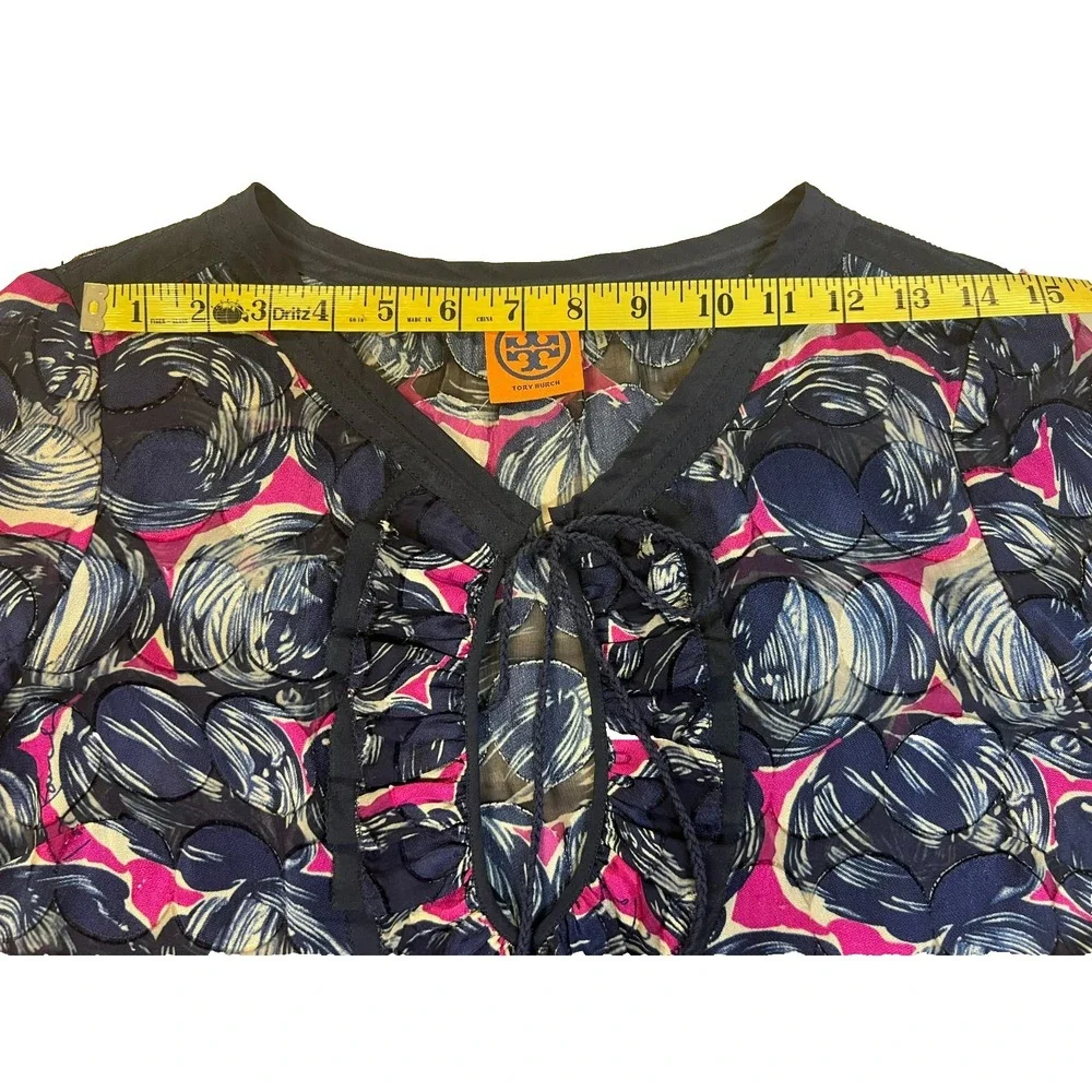 Tory Burch‎ Silk Blend Tunic Top Navy + Orchid Circle Print Keyhole Neck SZ S